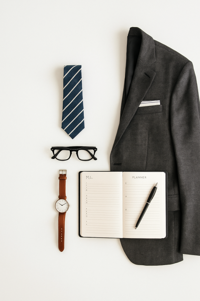 Flat lay of men’s wardrobe and planner for Style Scribe Studio Style Tune-Up
