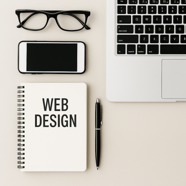 Flat lay of web design essentials including a laptop, smartphone, planner, glasses, and pen on a beige background.